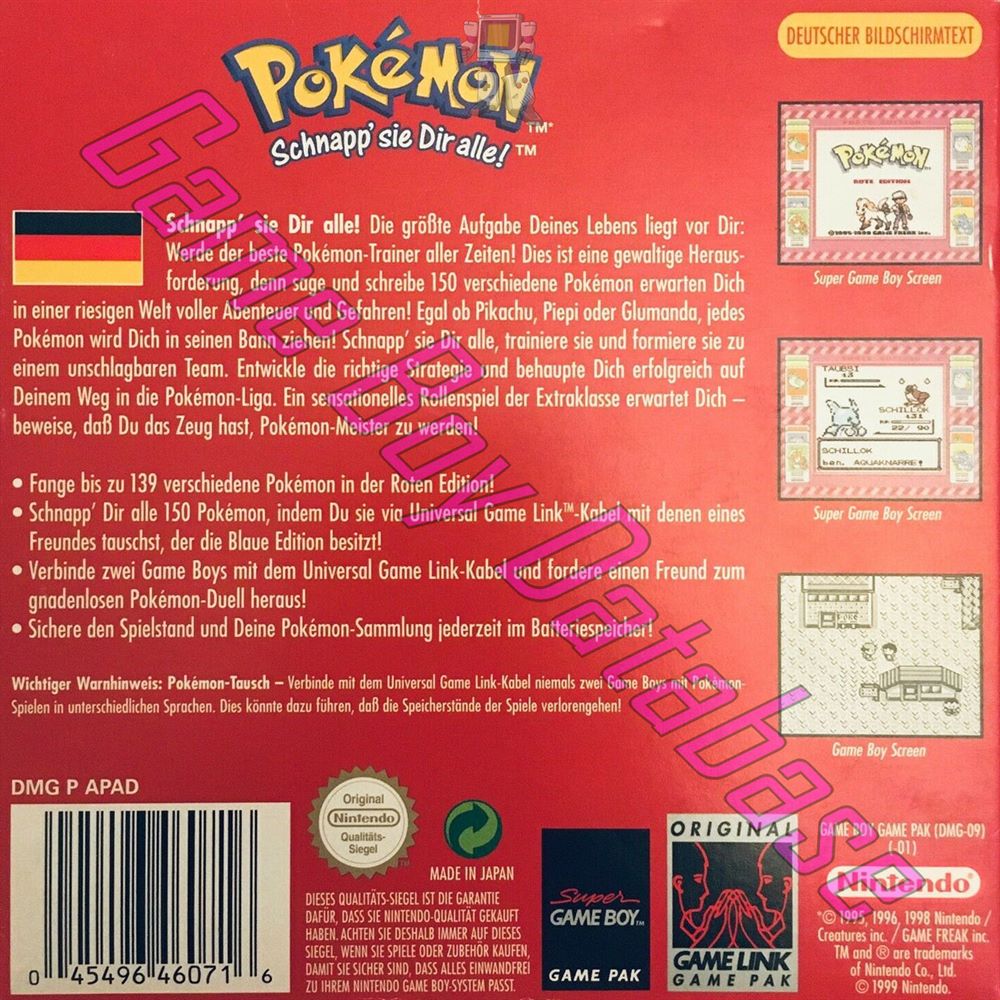 Pokemon Rote Edition NNOE Back of the box