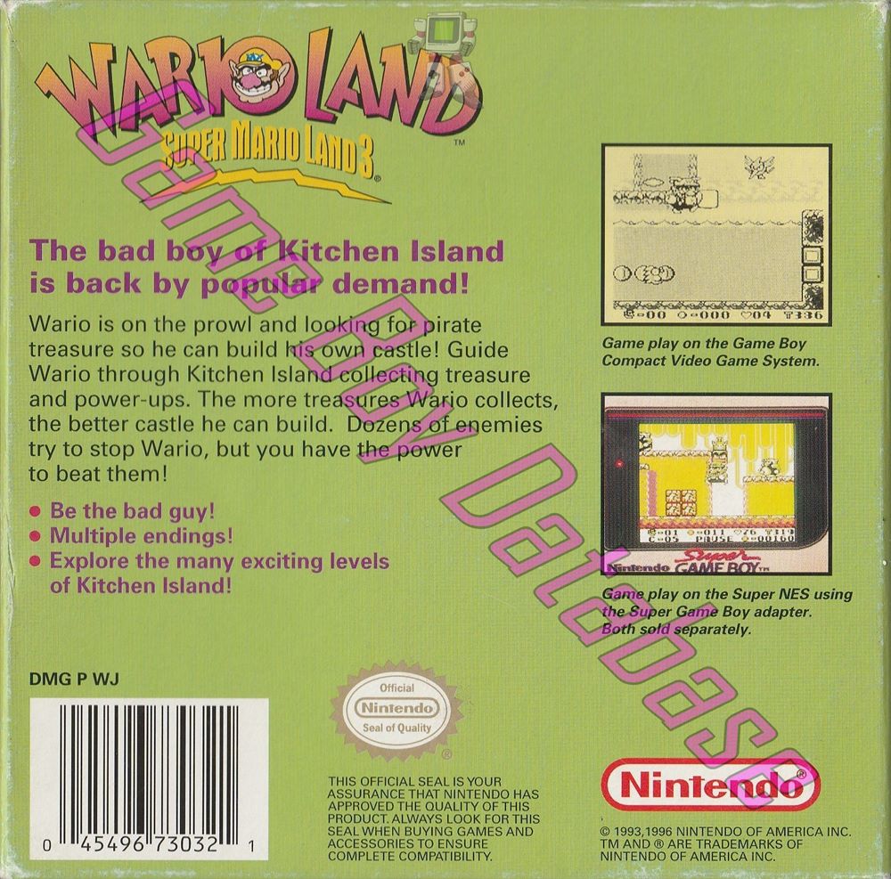 Wario Land: Super Mario Land 3 USA-1 Back of the box