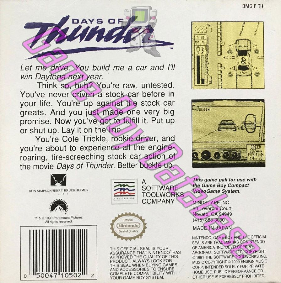 Days of Thunder USA Back of the box