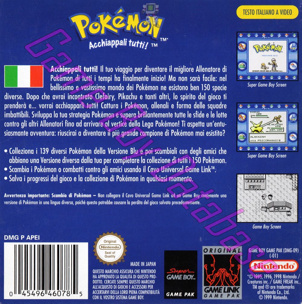 Pokemon Versione Blu NITA-2 Back of the box