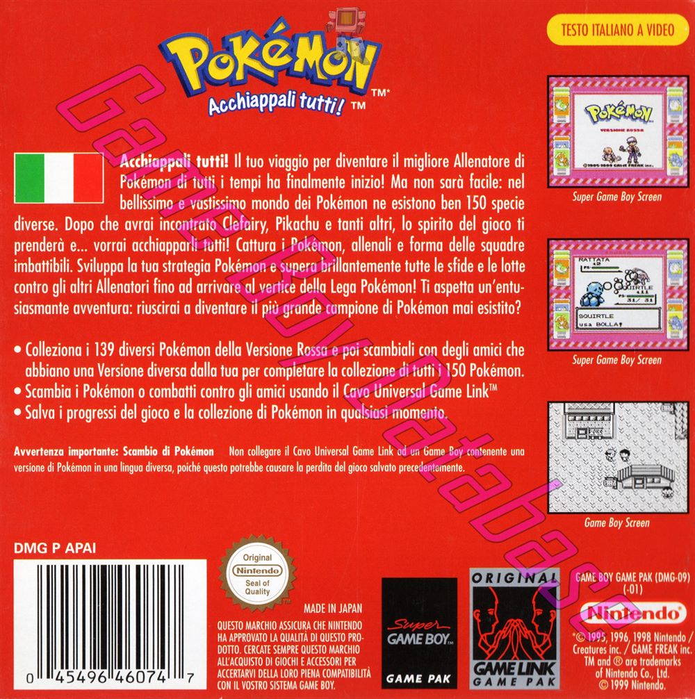 Pokemon Versione Rossa NITA-2 Back of the box