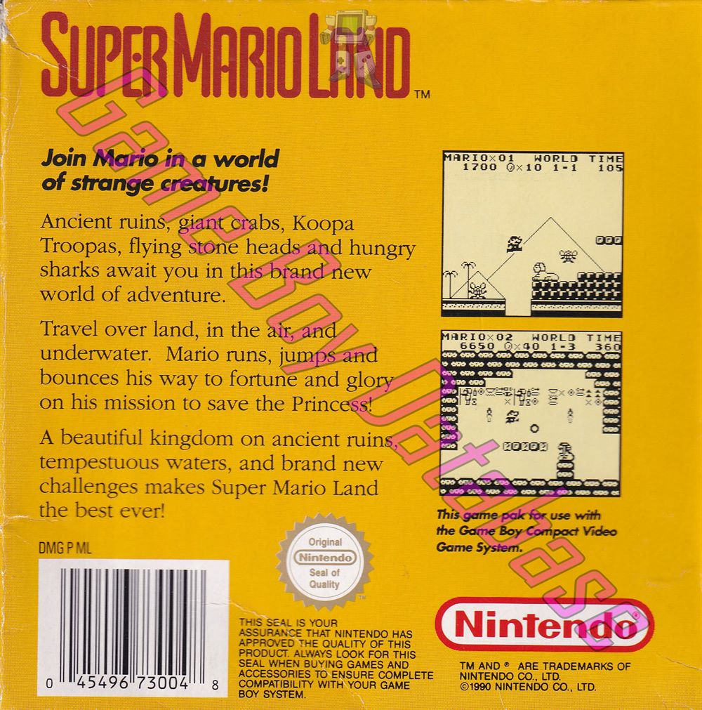 Super Mario Land UKV-2 Back of the box