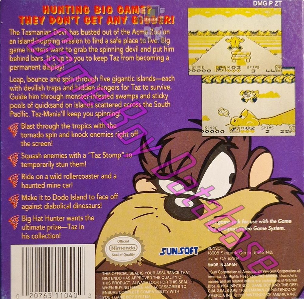 Taz-Mania USA-1 Back of the box