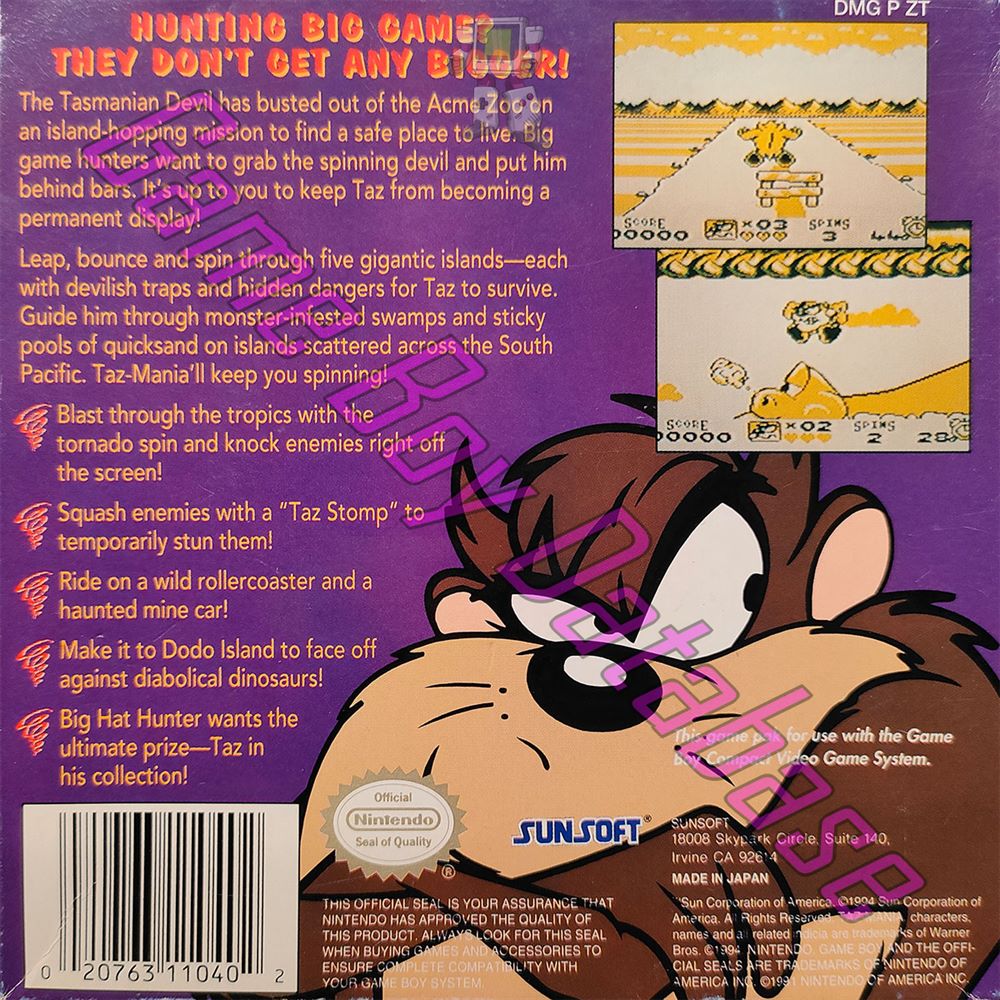 Taz-Mania USA-1 Back of the box