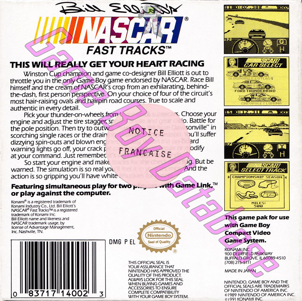 Bill Elliott's Nascar Fast Tracks USA Back of the box