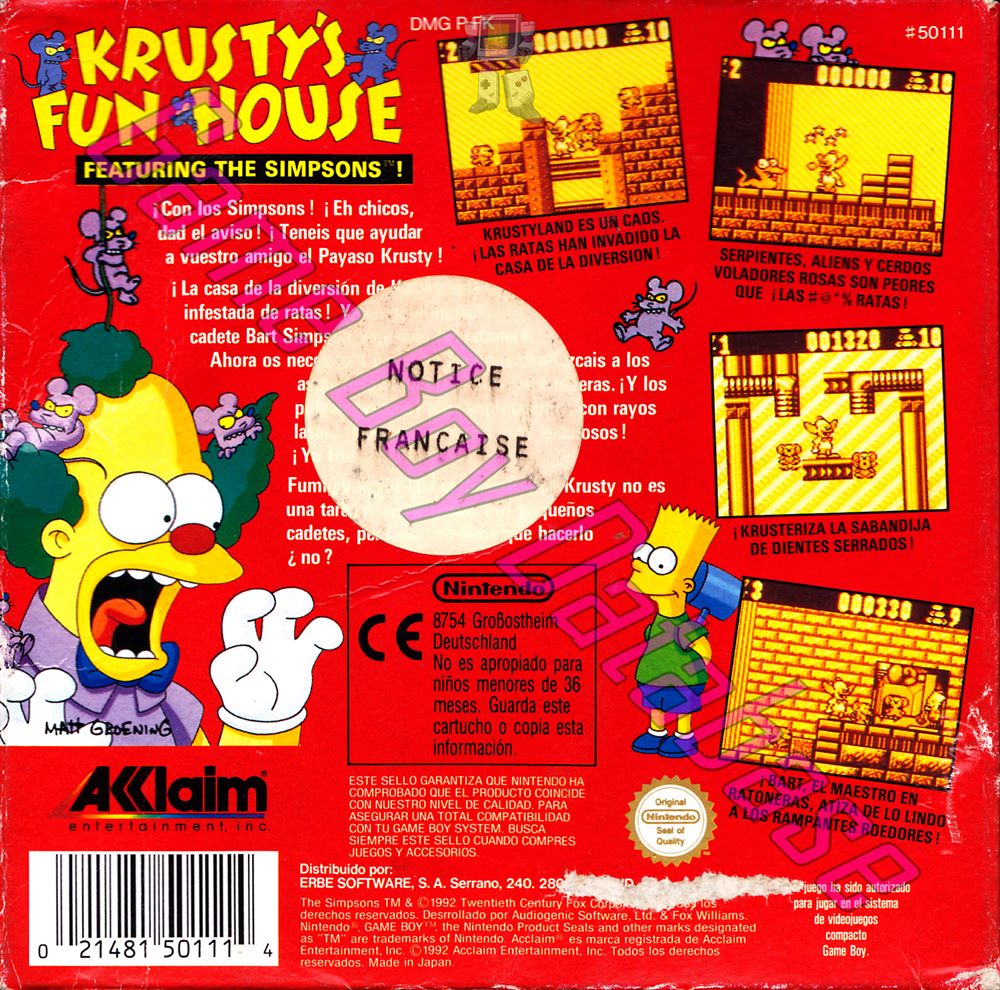 Krusty's Fun House ESP Back of the box