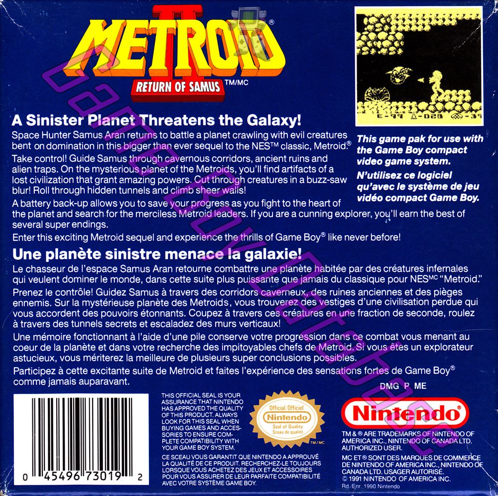 Metroid II Return of Samus CAN-2 Back of the box