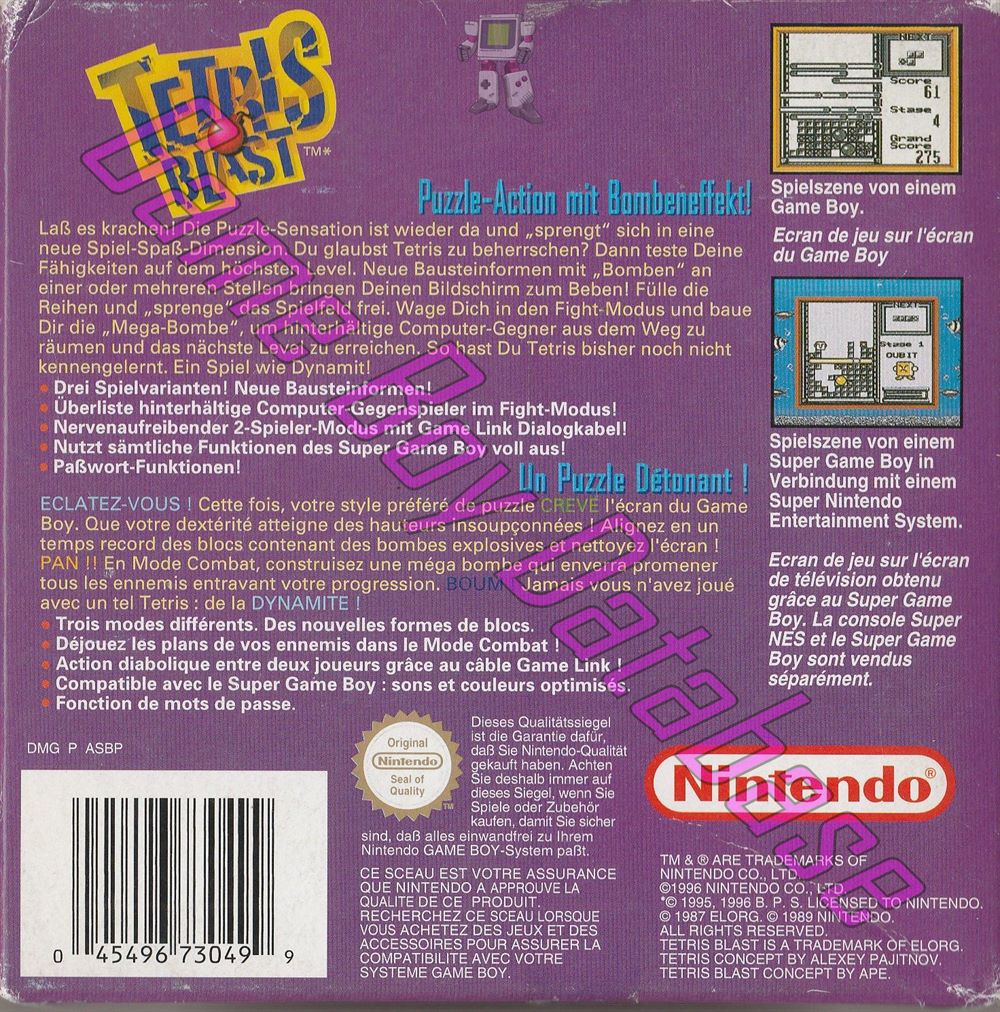 Tetris Blast FRG-1 Back of the box