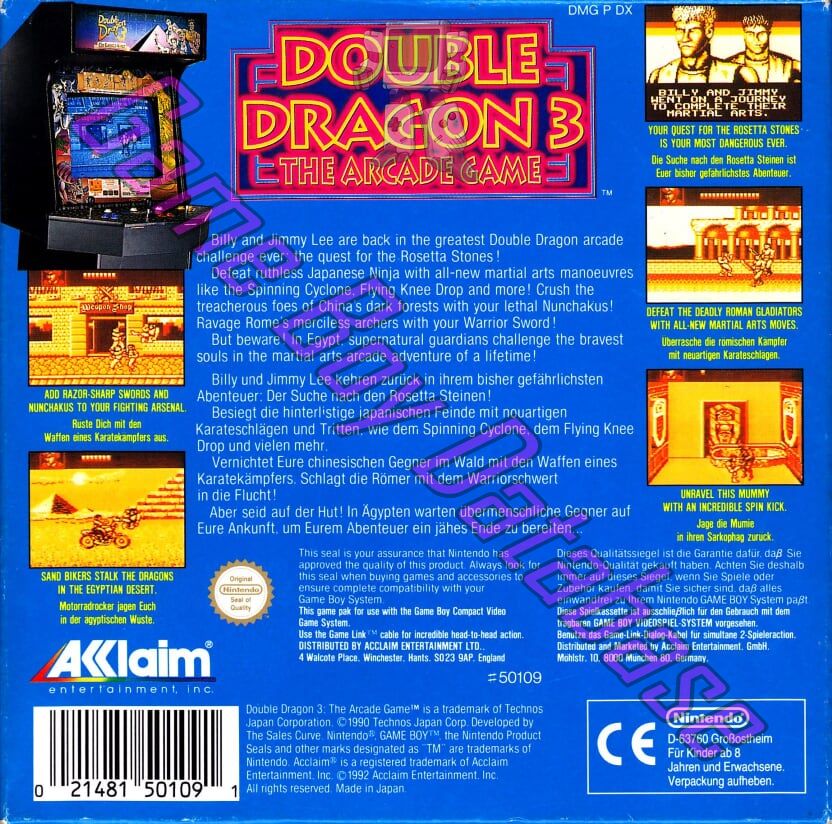 Double Dragon 3 the Arcade Game NOE-1 Back of the box