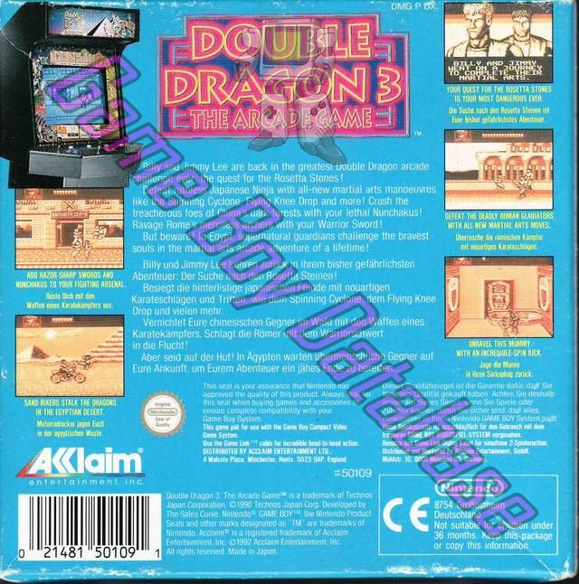 Double Dragon 3 the Arcade Game NOE-2 Back of the box