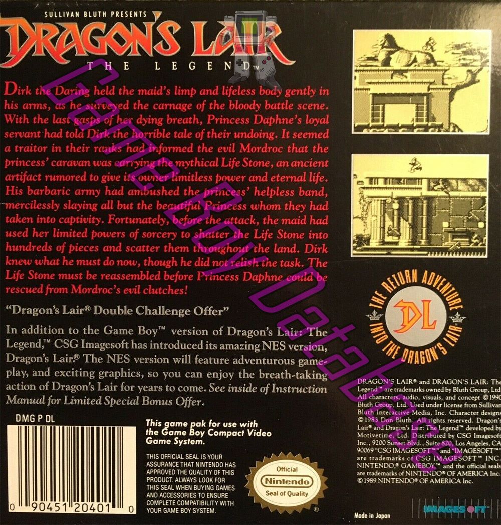 Dragon's Lair the Legend (Sullivan Bluth Presents) USA Back of the box