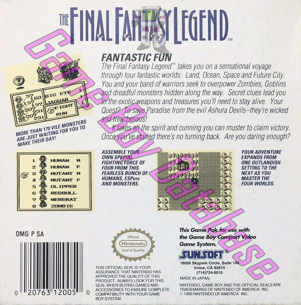 Final Fantasy Legend (the) USA-1 Back of the box