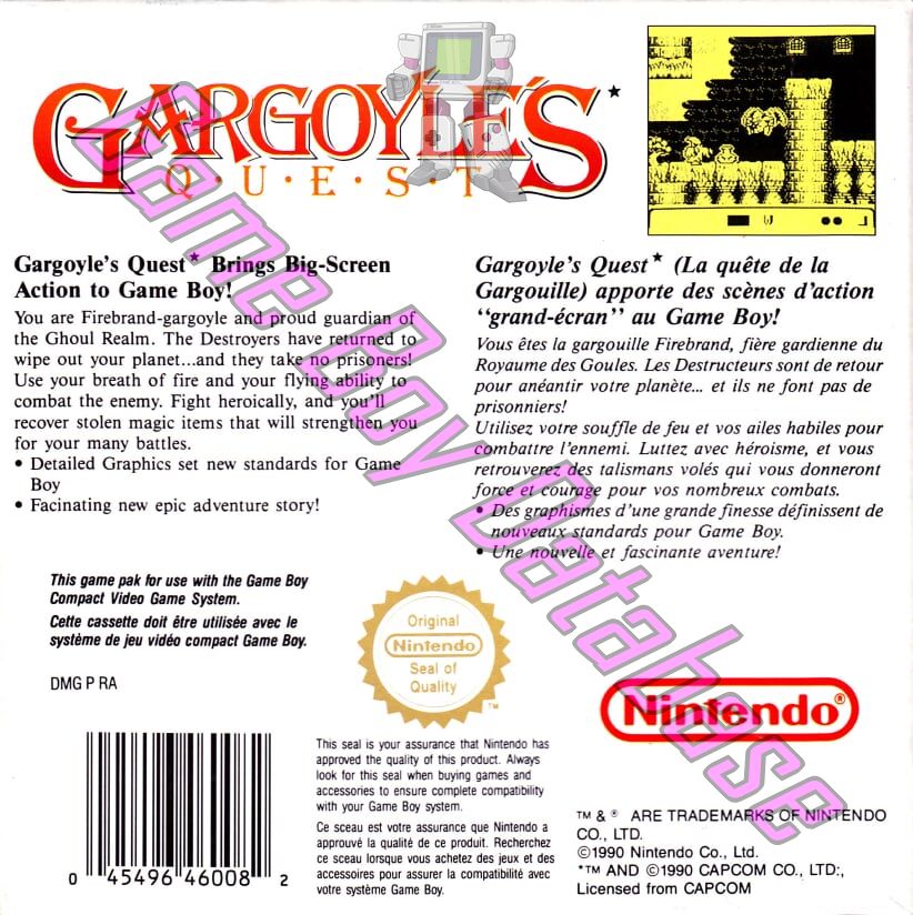 Gargoyle's Quest FAH Back of the box