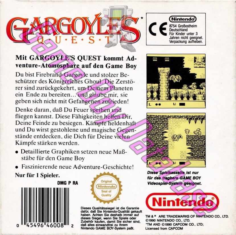 Gargoyle's Quest FRG Back of the box