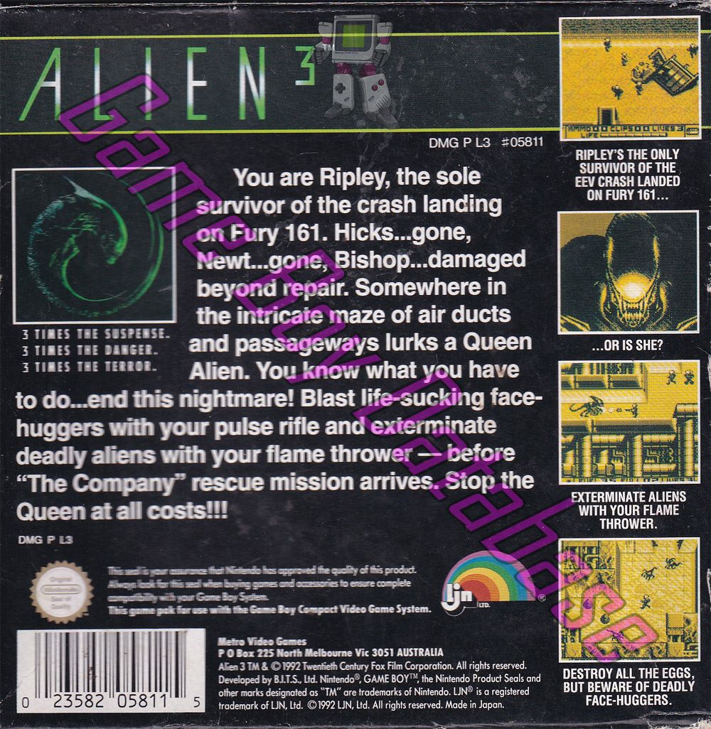 Alien 3 AUS Back of the box