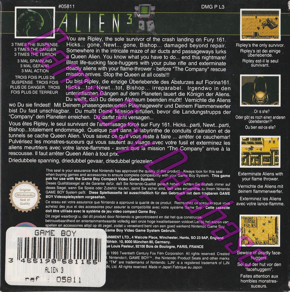 Alien 3 FAH Back of the box