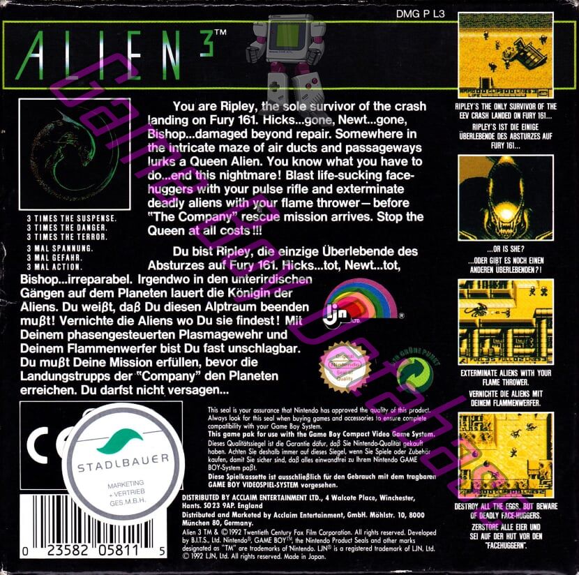 Alien 3 NOE Back of the box