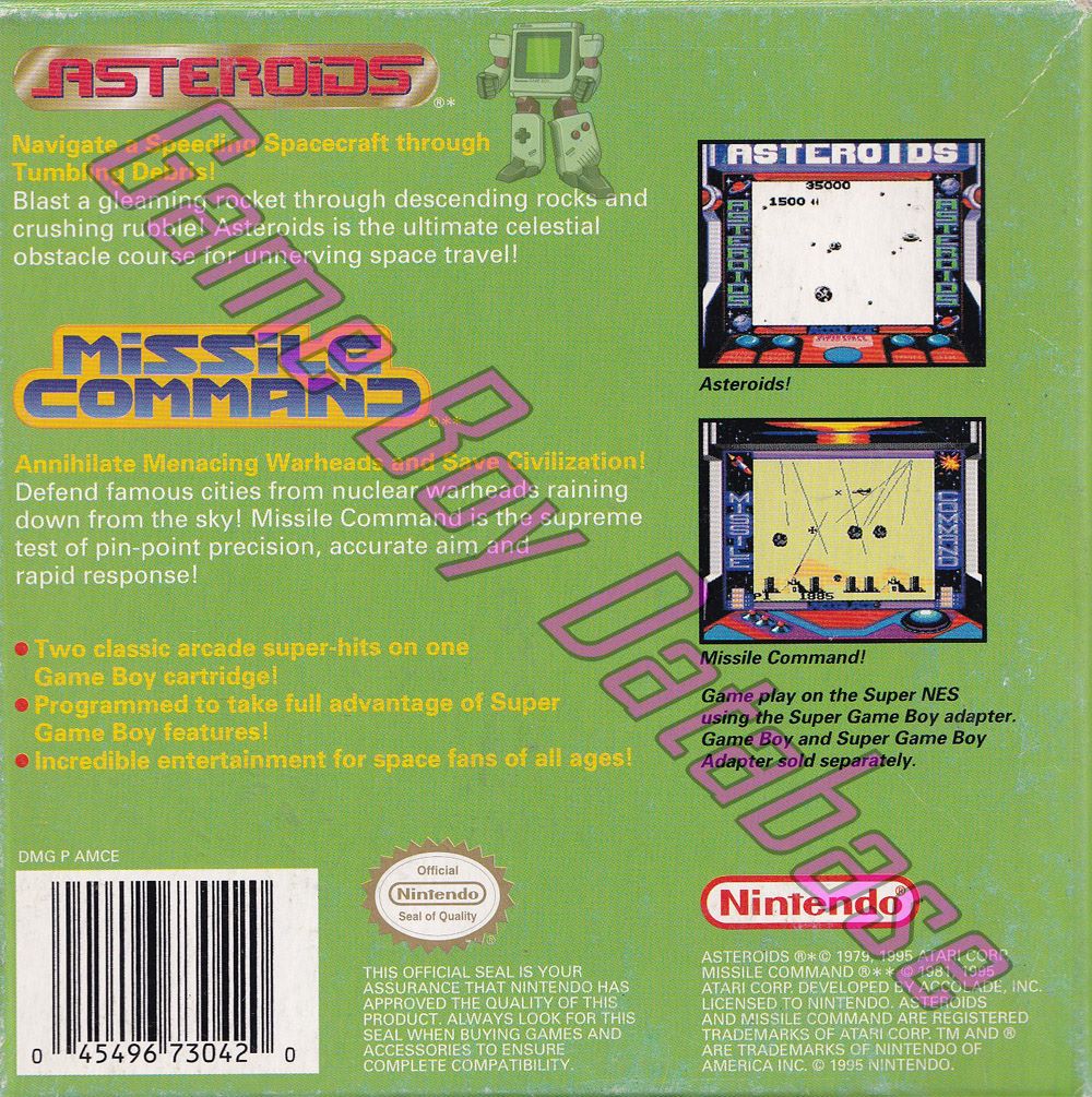 Arcade Classic no.1 Asteroids - Missile Command USA Back of the box