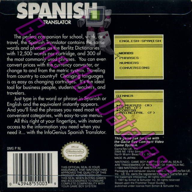 InfoGenius Berlitz Spanish Translator USA Back of the box