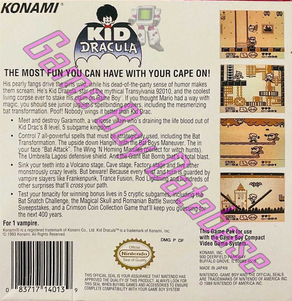 Kid Dracula USA Back of the box