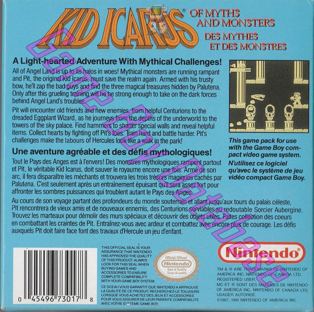 Kid Icarus of Myths and Monsters des Mythes et des Monstres CAN Back of the box