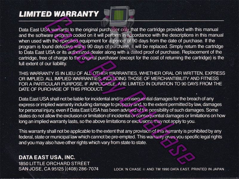 Lock N' Chase USA Back of the booklet