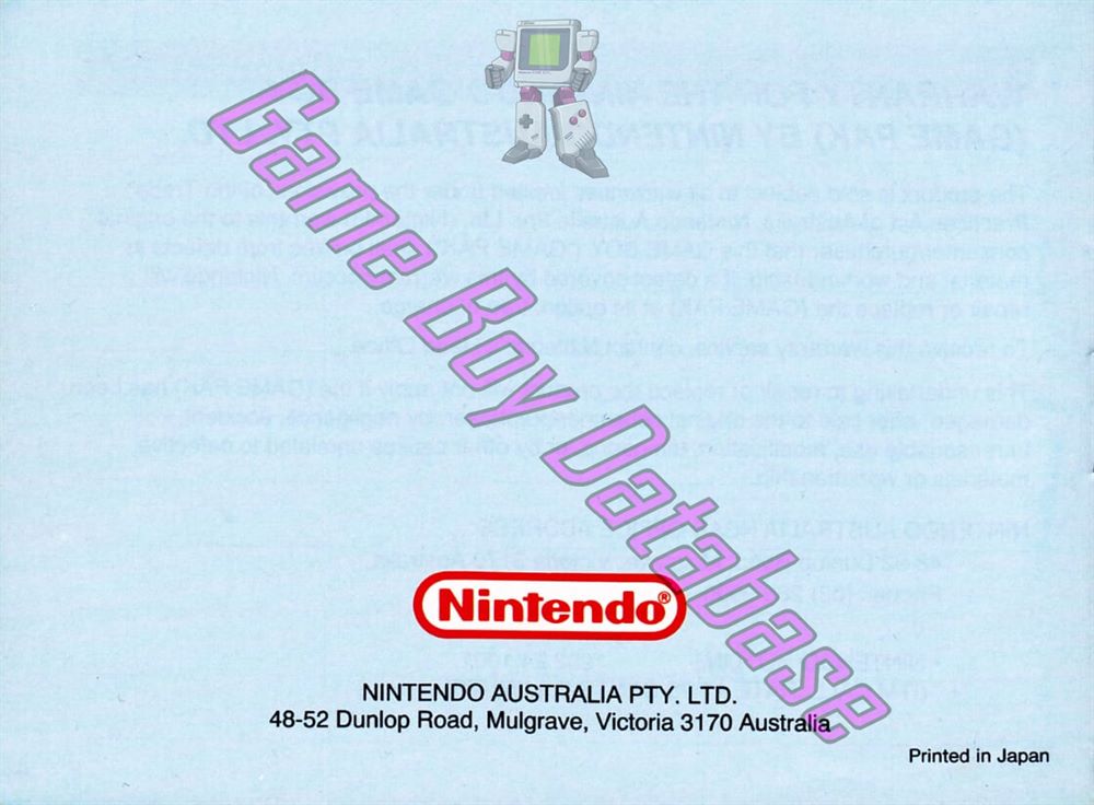 Mega Man Dr. Wily's Revenge AUS Back of the booklet