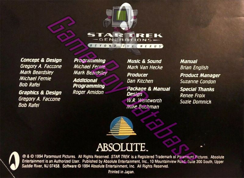 Star Trek Generations Beyond the Nexus USA Back of the booklet