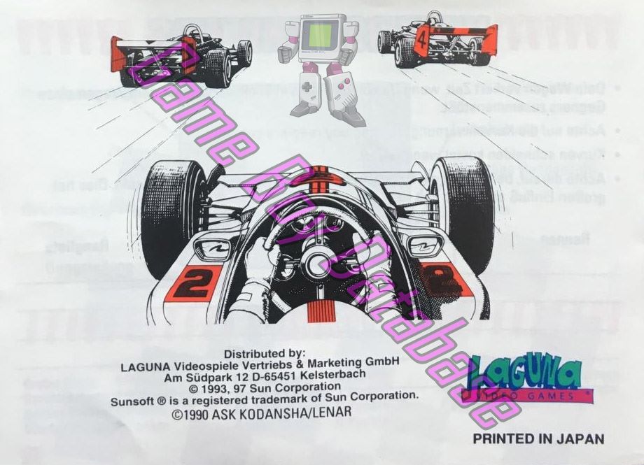 Sunsoft Grand Prix NOE-2 Back of the booklet