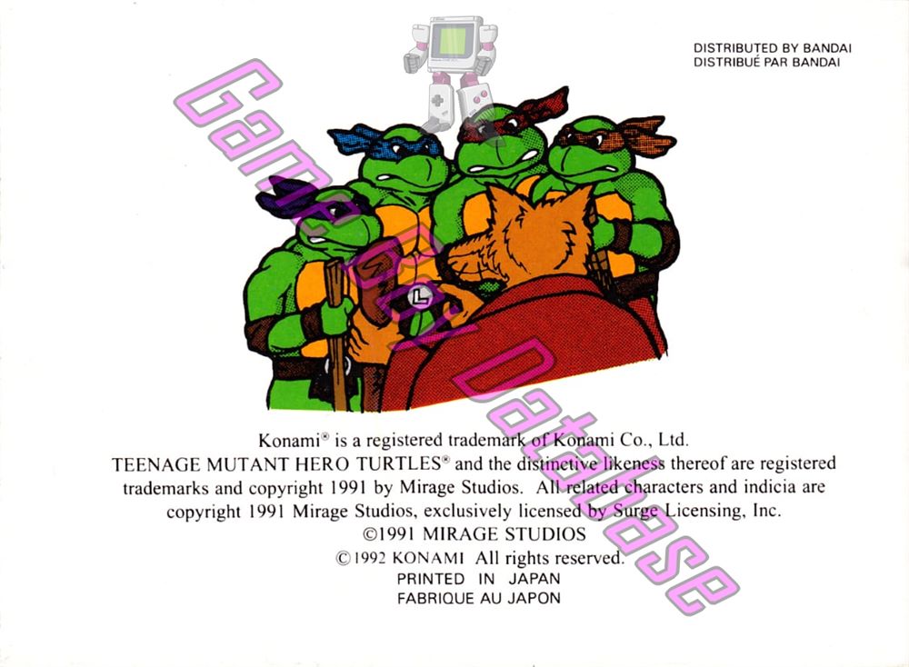 Teenage Mutant Hero Turtles II Back from the Sewers FAH Back of the booklet