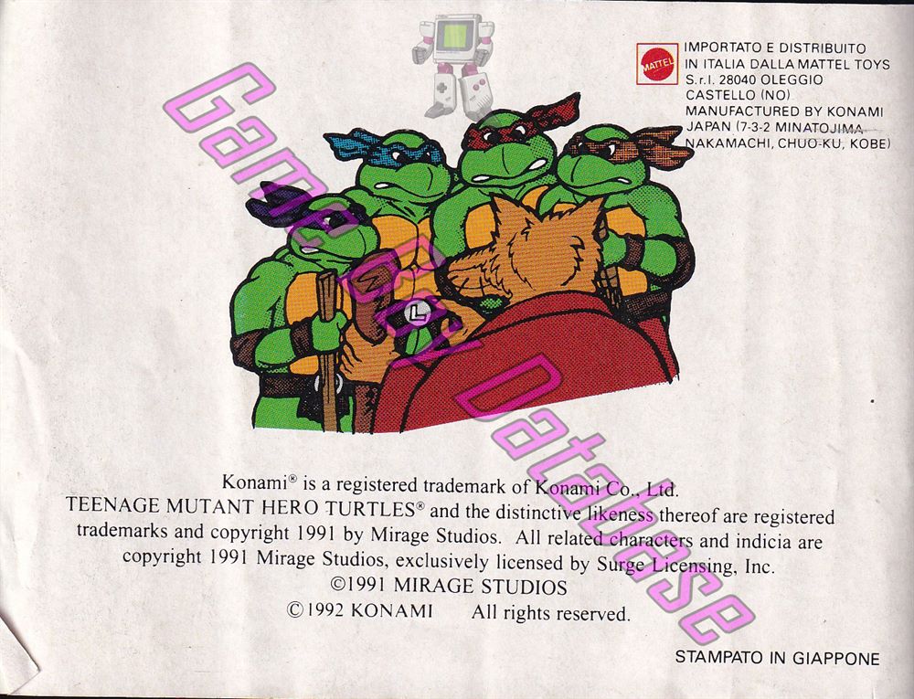 Teenage Mutant Hero Turtles II Back from the Sewers ITA Back of the booklet