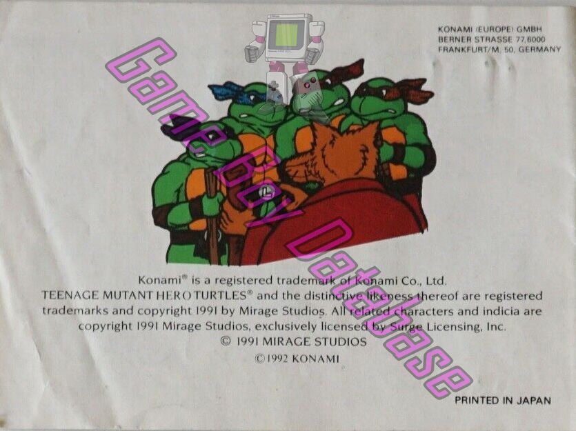 Teenage Mutant Hero Turtles II Back from the Sewers NOE Back of the booklet