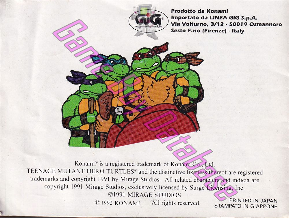 Teenage Mutant Hero Turtles II Back from the Sewers ITA-1 Back of the booklet