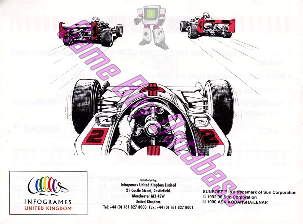 Sunsoft Grand Prix UKV Back of the booklet