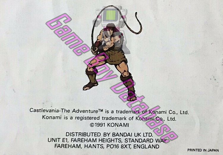 Castlevania the Adventure UKV Back of the booklet