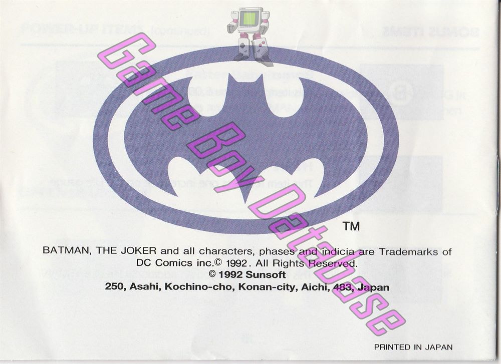 Batman the Video Game GPS-1 Back of the booklet